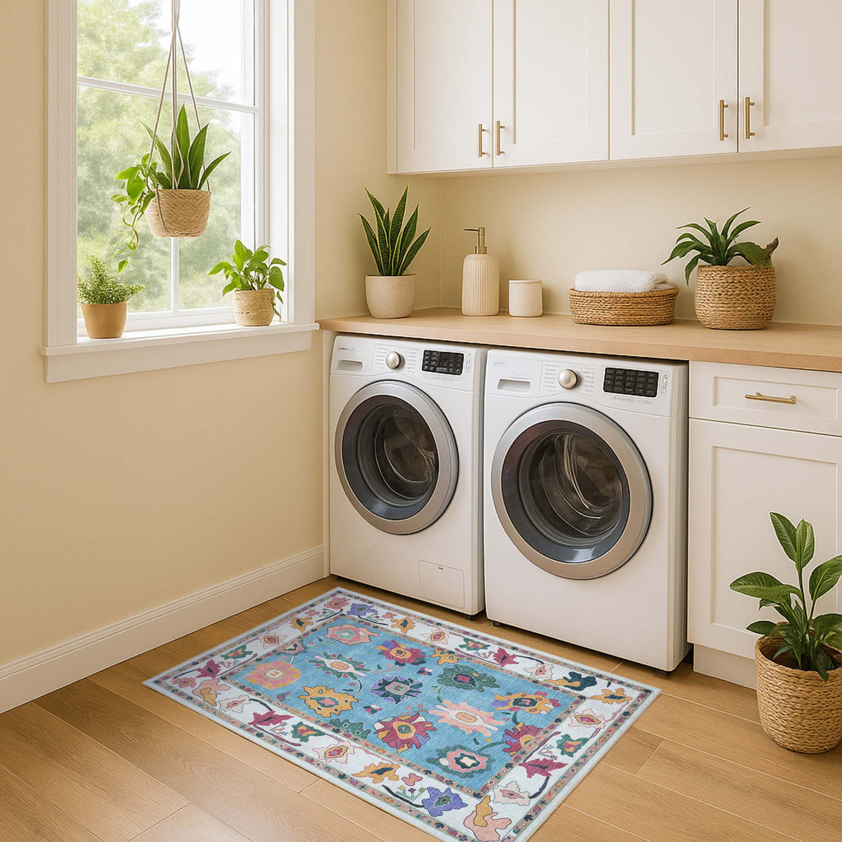 Farhana Green Colorful Floral Modern Oushak Rug
