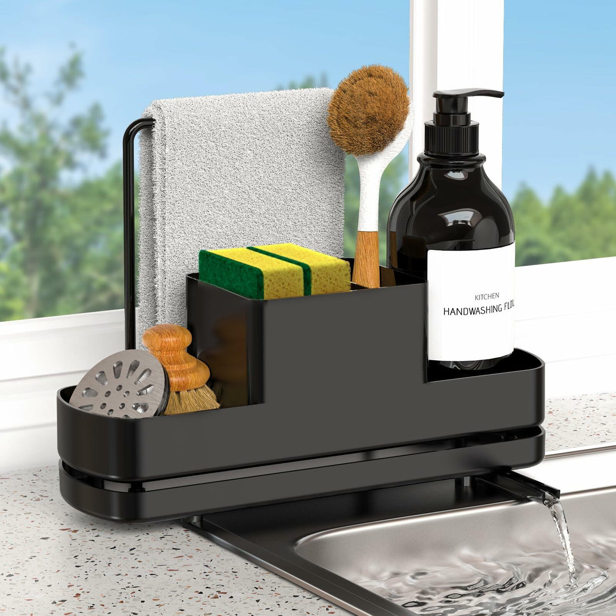 FUNKYLEE Kitchen Sink Sponge Holder Caddy with Brush Holder & Soap Dispenser